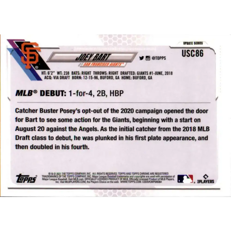 2021 Topps Chrome Update #USC86 Joey Bart NM-MT RC Rookie San Francisco Giants Baseball Card - Baseball Card Single