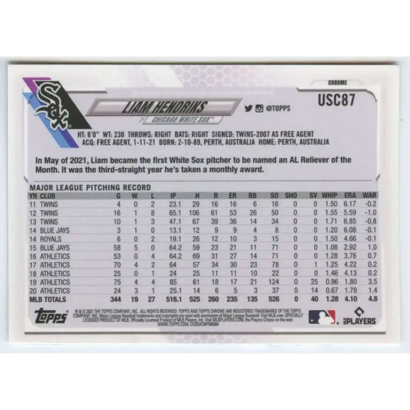 2021 Topps Chrome Update #USC87 Liam Hendriks NM-MT Chicago White Sox Baseball Card - Baseball Card Single