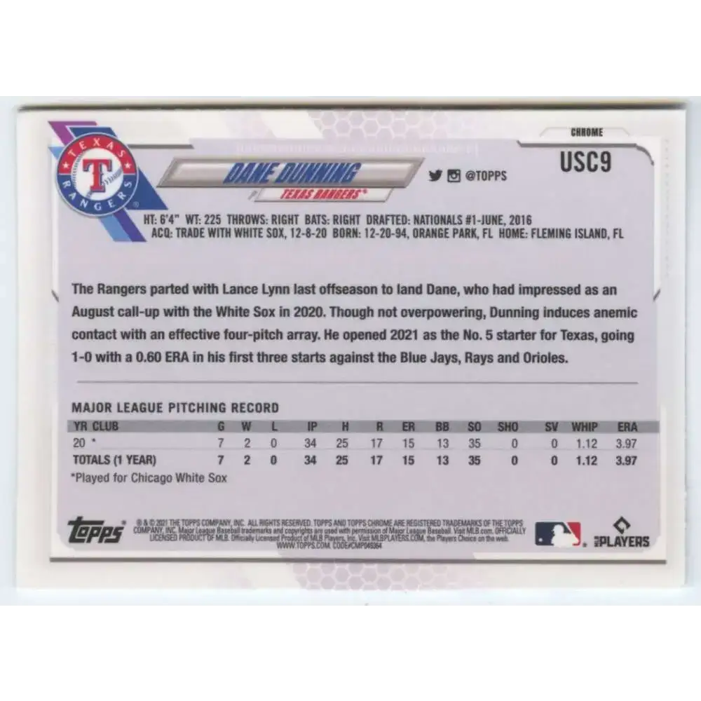 2021 Topps Chrome Update #USC9 Dane Dunning NM-MT RC Rookie Texas Rangers Baseball Card