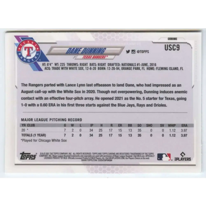 2021 Topps Chrome Update #USC9 Dane Dunning NM-MT RC Rookie Texas Rangers Baseball Card