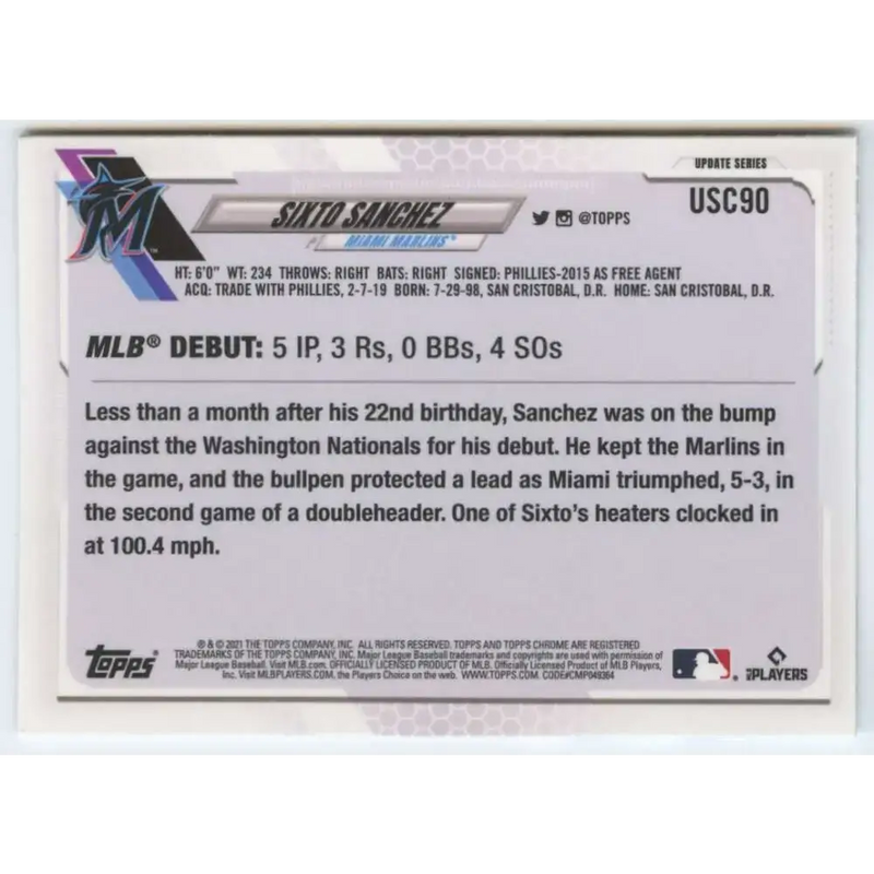 2021 Topps Chrome Update #USC90 Sixto Sanchez NM-MT RC Rookie Miami Marlins Baseball Card - Baseball Card Single