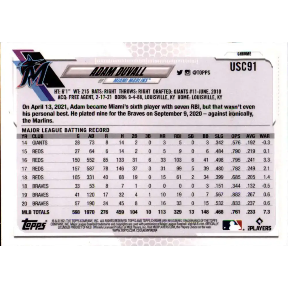 2021 Topps Chrome Update #USC91 Adam Duvall NM-MT Miami Marlins Baseball Card - Baseball Card