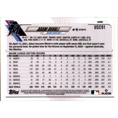 2021 Topps Chrome Update #USC91 Adam Duvall NM-MT Miami Marlins Baseball Card - Baseball Card