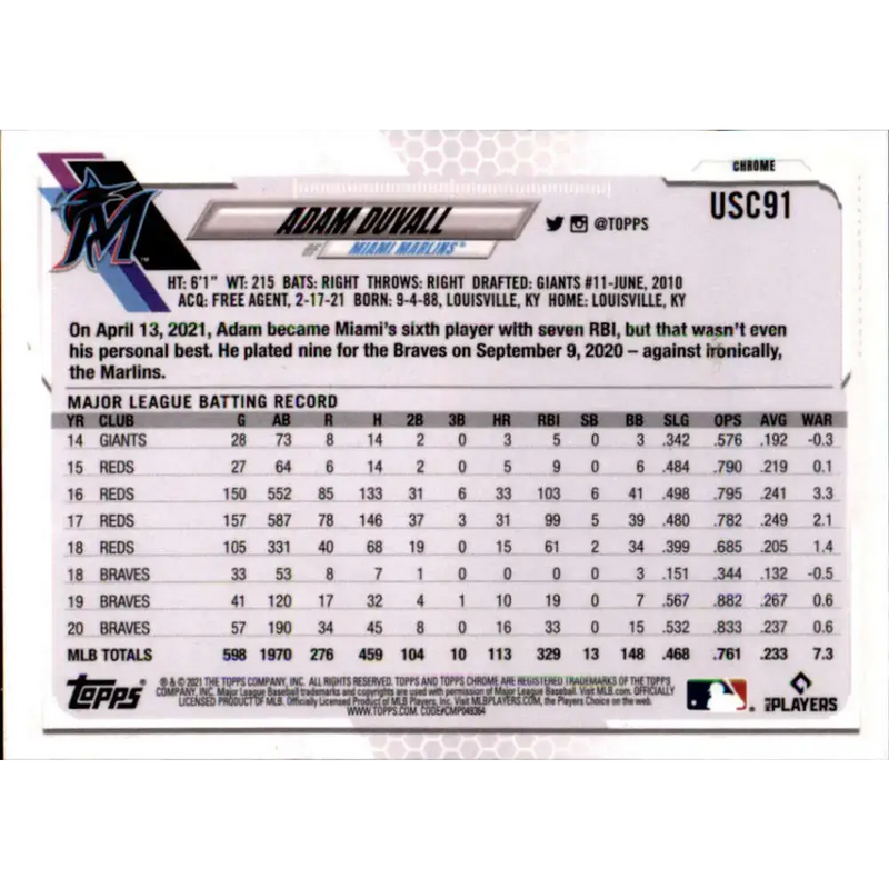 2021 Topps Chrome Update #USC91 Adam Duvall NM-MT Miami Marlins Baseball Card - Baseball Card Single