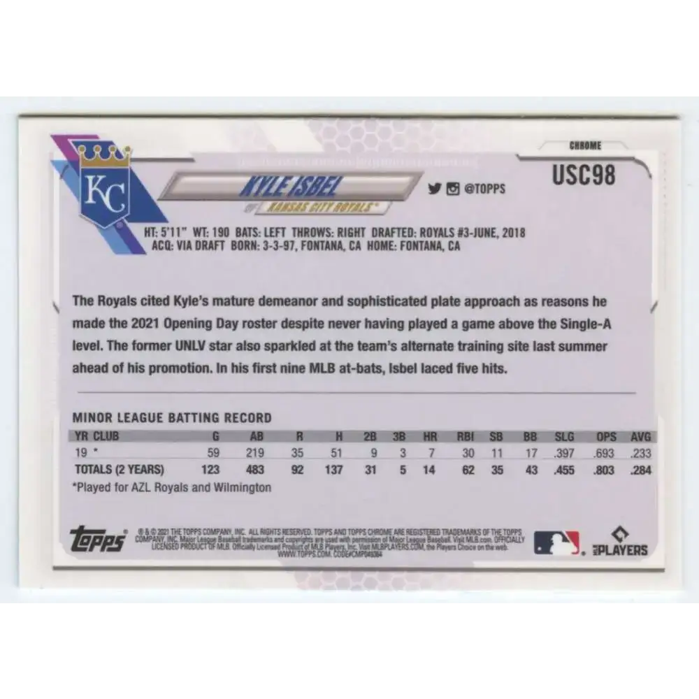 2021 Topps Chrome Update #USC98 Kyle Isbel NM-MT RC Rookie Kansas City Royals Baseball Card