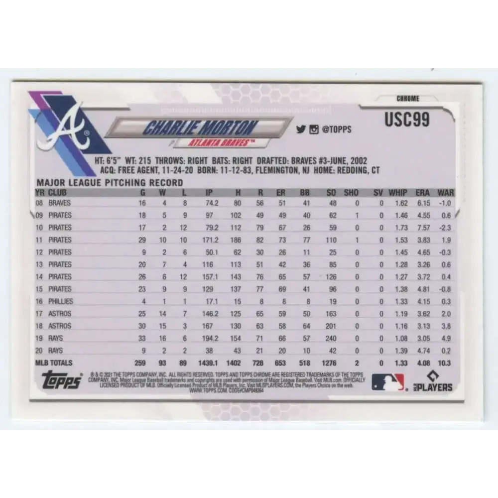 2021 Topps Chrome Update #USC99 Charlie Morton NM-MT Atlanta Braves Baseball Card - Baseball Card