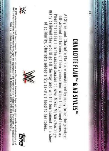 Original gloss trading card featuring Charlotte Flair and AJ Styles from 2021 Topps Coolest Mixed Tag Teams
