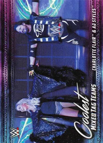WWE trading card featuring Charlotte Flair and AJ Styles from 2021 Topps Coolest Mixed Tag Teams