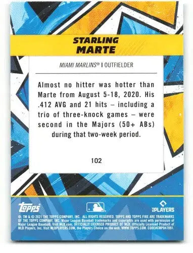 Original gloss baseball trading card of Starling Marte NM-MT from 2021 Topps Fire
