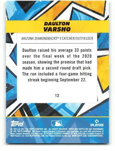 2021 Topps Fire #12 Daulton Varsho NM-MT RC Rookie Diamondbacks ID:45098 - Baseball Card Single