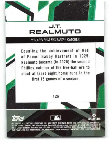 Back of 2021 Topps Fire J.T. Realmuto NM-MT baseball trading card with original gloss