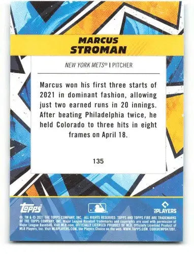 Baseball trading card of Marcus Stroman from 2021 Topps Fire with original gloss