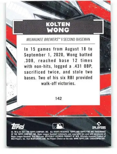 Baseball trading card for Kolten Wong with original gloss, 2021 Topps Fire NM-MT