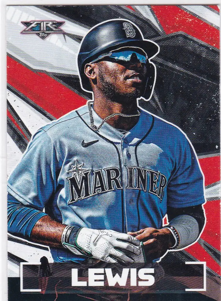 Kyle Lewis in Seattle Mariners jersey and helmet, showcasing 2021 Topps Fire card
