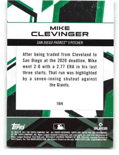 2021 Topps Fire #164 Mike Clevinger NM-MT Padres ID:45145 - Baseball Card Single