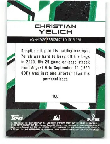 Back of 2021 Topps Fire Christian Yelich NM-MT baseball trading card with original gloss