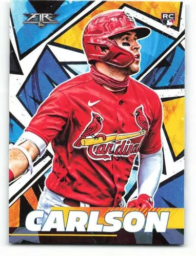 Baseball trading card featuring Dylan Carlson in a red Cardinals uniform with original gloss