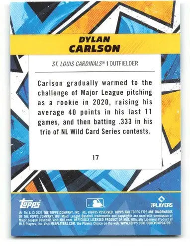 Back of a 2021 Topps Fire Dylan Carlson rookie baseball card with original gloss