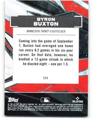 Original gloss baseball trading card featuring Byron Buxton NM-MT from 2021 Topps Fire
