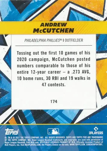 Baseball trading card back featuring Andrew McCutchen’s career stats and original gloss