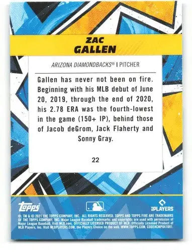 Baseball trading card for Zac Gallen with original gloss from 2021 Topps Fire NM-MT