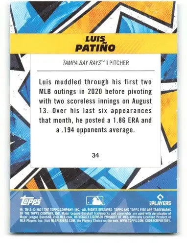 2021 Topps Fire #34 Luis Patino NM-MT RC Rookie Rays ID:45107 - Baseball Card Single