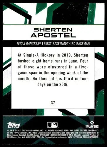 Back of a 2021 Topps Fire Sherten Apostel NM-MT rookie baseball card with original gloss