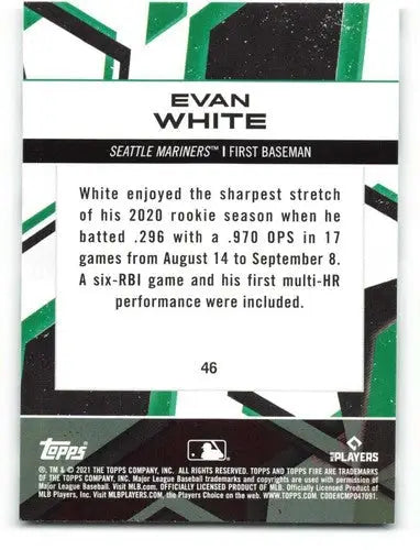 Back of a 2021 Topps Fire Evan White NM-MT rookie Mariners trading card