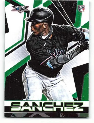 Baseball trading card featuring Jesus Sanchez in black uniform and helmet, NM-MT grade