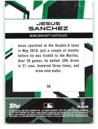 Back of 2021 Topps Fire Jesus Sanchez NM-MT rookie baseball card with original gloss