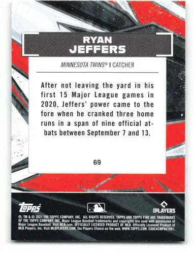 Baseball trading card of Ryan Jeffers with original gloss from 2021 Topps Fire NM-MT