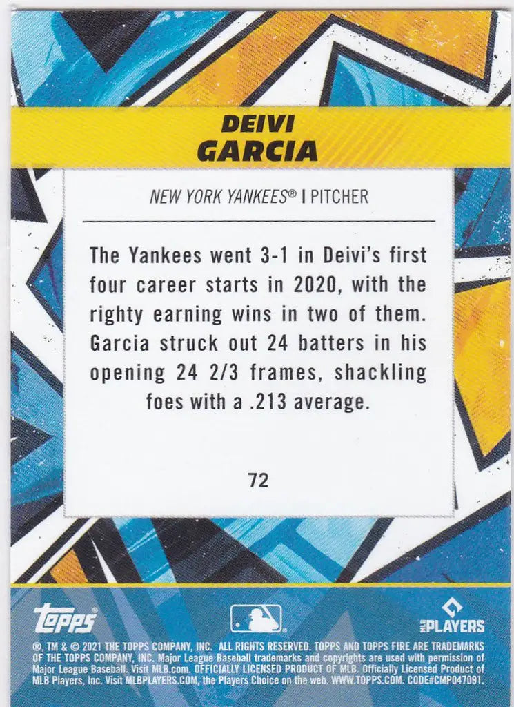 Baseball card showcasing Deivi Garcia Rookie stats for New York Yankees fans
