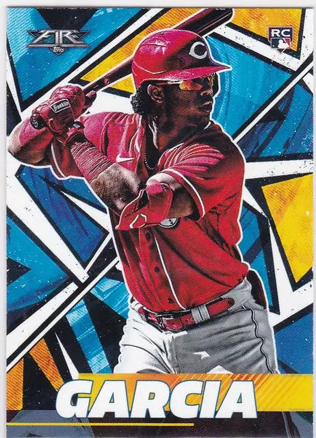 Jose Garcia swinging a bat in red uniform on 2021 Topps Fire #89 Cincinnati Reds card