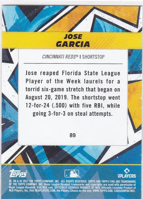 Baseball card of Jose Garcia RC Cincinnati Reds with player stats and information