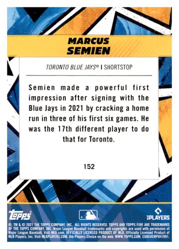Marcus Semien baseball card back with original gloss from 2021 Topps Fire Flame NM-MT