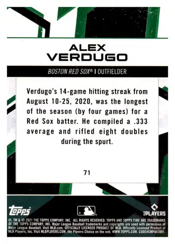 2021 Topps Fire Gold Minted #71 Alex Verdugo NM-MT Red Sox ID:44758 - Baseball Card Single