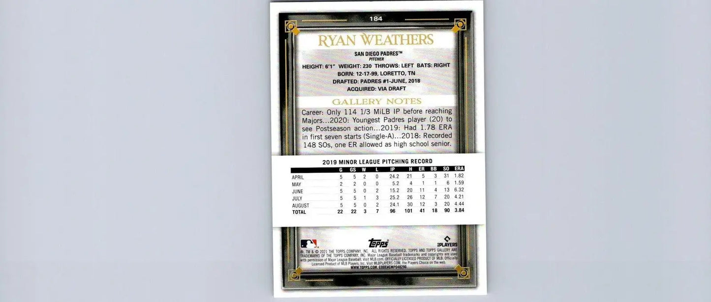 Baseball card back of 2021 Topps Gallery #184 Ryan Weathers showcasing player stats