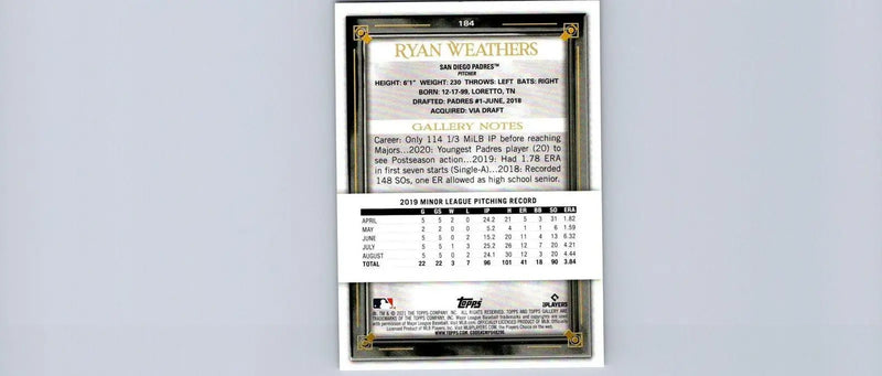 Baseball card back of 2021 Topps Gallery #184 Ryan Weathers showcasing player stats