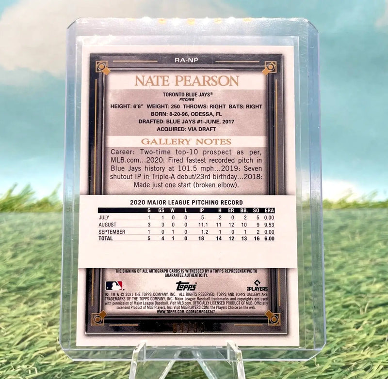 2021 Topps Gallery- Nate Pearson -#RA-NP RC Rookie Card Auto /99- Blue Jays - Baseball Card Single