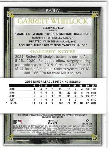 2021 Topps Gallery Rookie Autographs Blue #RA-GW Garrett Whitlock NM-MT Auto 38/ - Baseball Card Single
