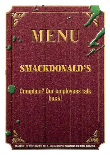 Humorous restaurant menu featuring Garbage Pail Kids Food Fight Booger Green artwork