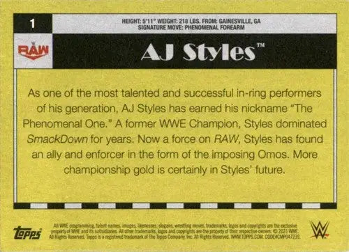 AJ Styles wrestling card from 2021 Topps Heritage with original gloss and Simply Sandoval