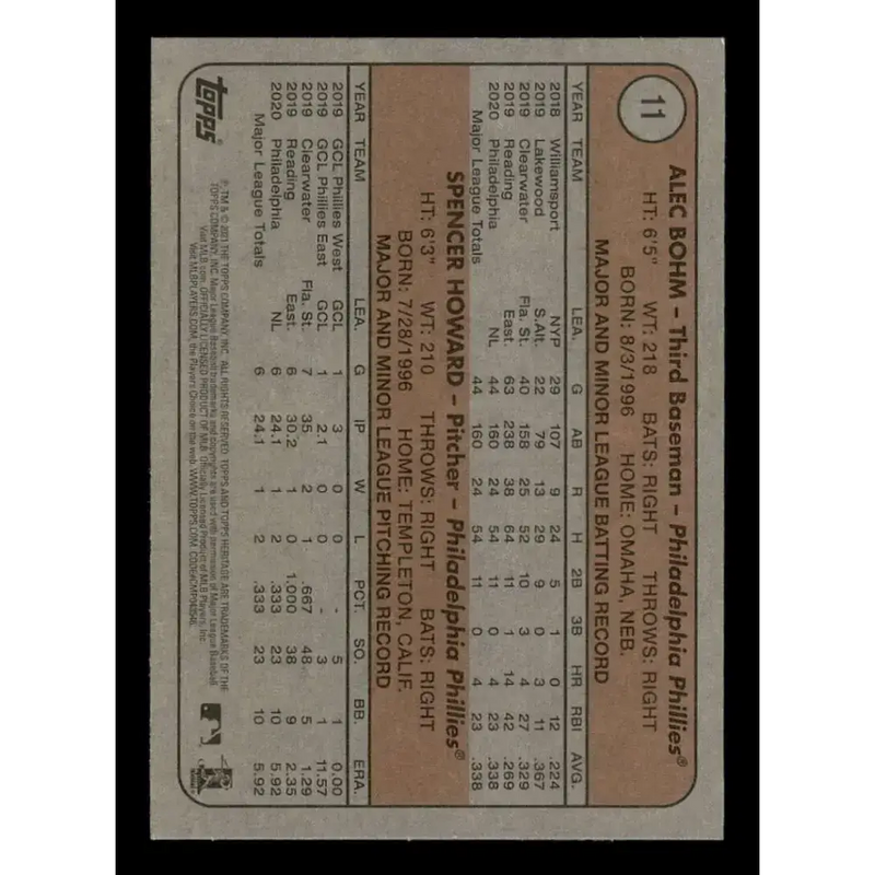 2021 Topps Heritage #11 Alec Bohm/Spencer Howard NM-MT RC Rookie Philadelphia Phillies Baseball Card - Baseball Card