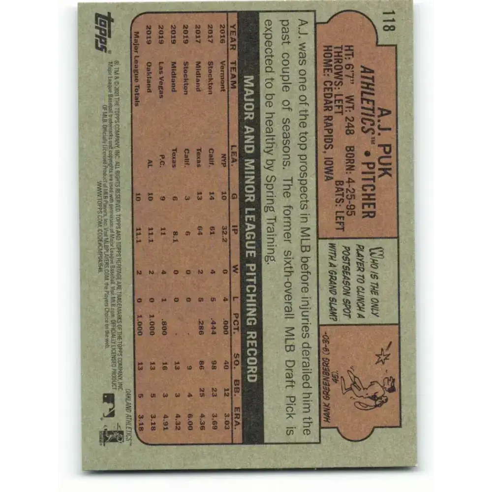 2021 Topps Heritage #118 A.J. Puk NM-MT Oakland Athletics Baseball Card - Baseball Card Single
