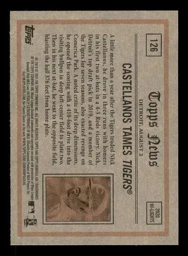 Baseball card back featuring Nick Castellanos from 2021 Topps Heritage with original gloss