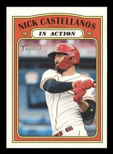Original gloss 2021 Topps Heritage Nick Castellanos baseball card in Reds in action