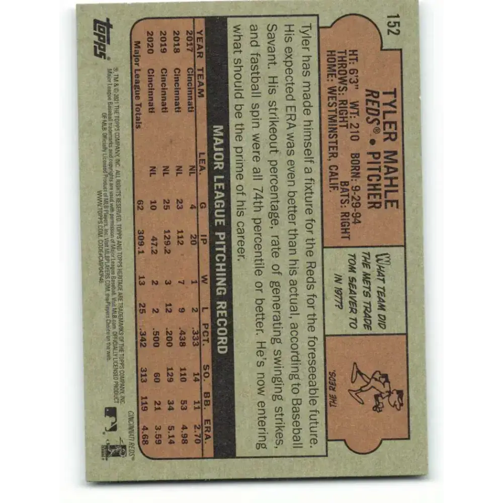 2021 Topps Heritage #152 Tyler Mahle NM-MT Cincinnati Reds Baseball Card - Baseball Card Single