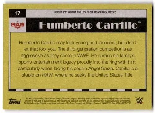 Humberto Carrillo wrestling card from 2021 Topps Heritage with original gloss value