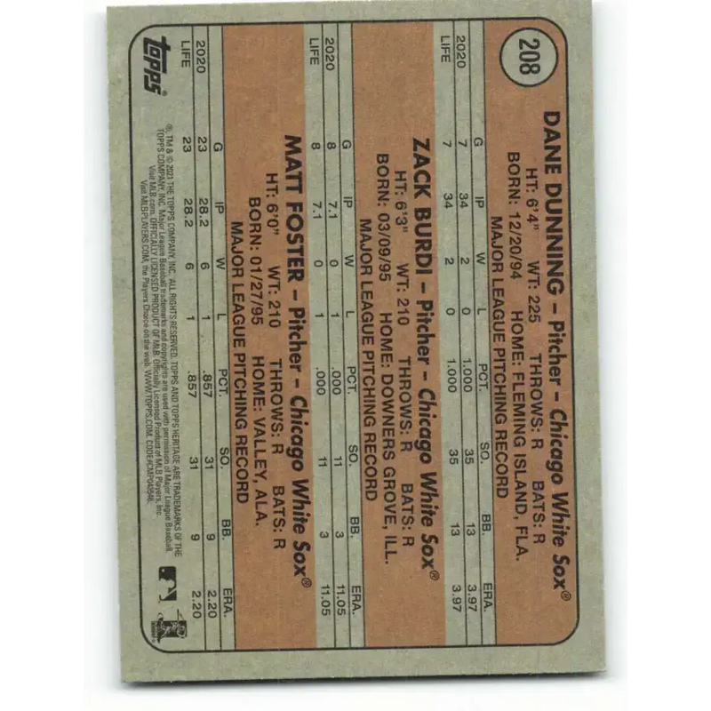 2021 Topps Heritage #208 Matt Foster/Dane Dunning/Zack Burdi NM-MT RC Rookie Chicago White Sox Baseball Card - Baseball
