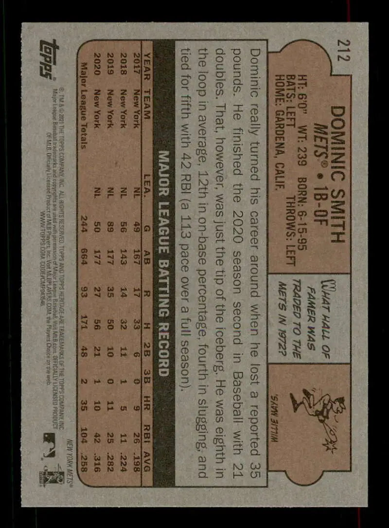 2021 Topps Heritage #212 Dominic Smith NM-MT Mets ID:34668 - Baseball Card Single